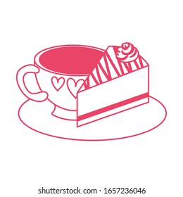 sweet cake portion dessert with beverage cup vector illustration design