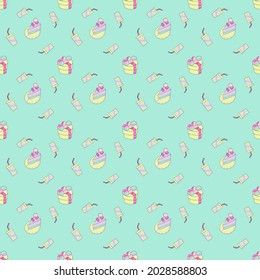 Sweet cake, presents  box and bottom  on green background. Vector illustration flat design in seamless style For use as a fabric pattern, gift wrapping paper , kids card or wallpapers in cute pattern.