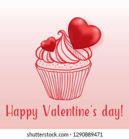Sweet cake with red hearts on a pink background. Greeting card for Valentine's day. Hand drawn vector illustration.