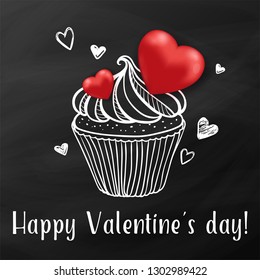 Sweet cake with red hearts on a black background. Greeting card for Valentine's day. Hand drawn vector illustration.