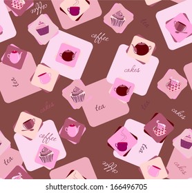 Sweet cake seamless background with cups and teapots. Vector
