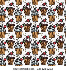 Sweet cake seamless pattern with desserts . Macaroon, muffin, pudding, cake with cherry and strawberry fruit. Hand drawn vector  background for surface design, textile, fabric, scrapbook or wallpaper.