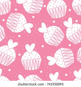 Sweet cake. Seamless pattern. Pink background.