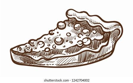 Sweet cake slice with berries and raisins monochrome sketch outline