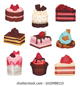 Sweet Cake Slices and Cupcakes Collection, Delicious Desserts with Fresh Berries Vector Illustration