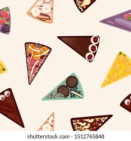 Sweet cake slices vector seamless pattern. Delicious desserts background. Confection with various toppings top view. Tasty confectionery, pastry assortment wrapping paper, wallpaper textile design.