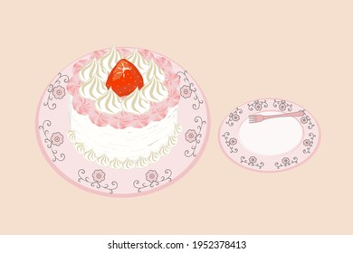 Sweet Cake with strawberry with cream Isolate on white background.Bakery design. Copy space for your text.