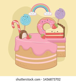 sweet cake of strawberry cream with kawaii characters sweet cake of strawberry cream with kawaii characters