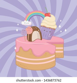 sweet cake of strawberry cream with kawaii characters