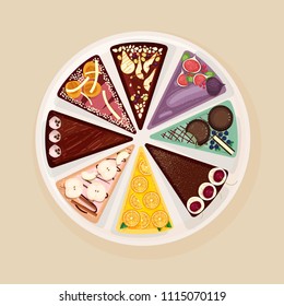 Sweet cake or tart divided into eight parts with various tastes and toppings. Delicious baked confection, elegant tasty dessert. Top view. Colorful vector illustration in flat cartoon style.