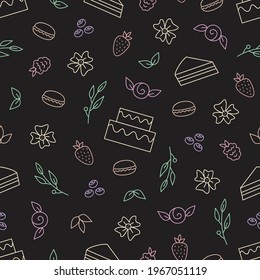 Sweet cake vector seamless pattern. Cake shop, candy, flowers, berries and leaves hand drawn illustrations. Cute dessert background, wallpaper pattern.