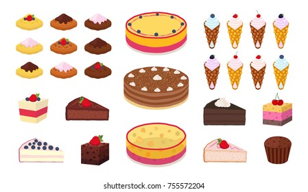 Sweet cakes, belgian, chinese waffles, muffins, brownies set. Made in cartoon flat style. Vector illustration