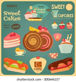 Sweet Cakes Card. Cover Cafe Menu. Vector Illustration.