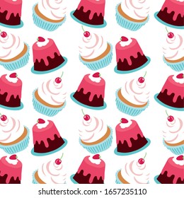 pasteles dulces con cerezas diseño de ilustración vectorial patrón de postre