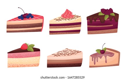 Sweet Cakes with Cream and Berries on Top Vector Set