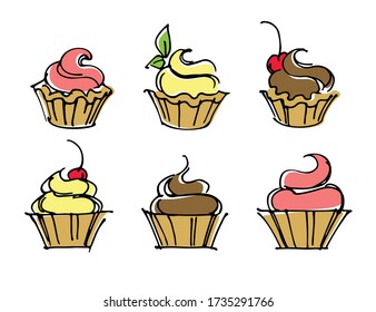 Sweet cakes with cream, colored freehand drawing on white background