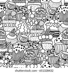 Sweet cakes, cupcakes. Black and white seamless pattern with dessert for coloring books. Doodle illustration