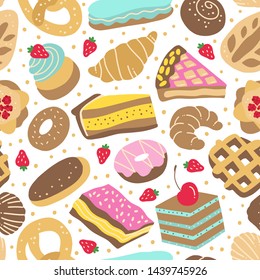 Sweet cakes, cupcakes and desserts vector pattern. Seamless background with donuts, croissants and cookies