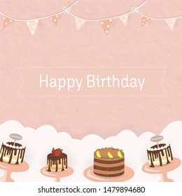 sweet cakes different style put on paper background flag decorate cloud kawaii food happy birthday texting strawberry lemon fruit yummy pink pastel dot