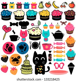 Sweet cakes and food elements set