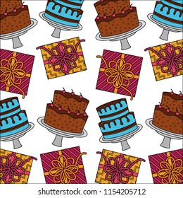 sweet cakes with gift boxes present pattern