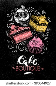 Sweet cakes pastry hand drawn vintage poster. Sketch and watercolor vector illustration. Advertising banner for bakery shop and cafe boutique