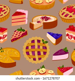 Sweet cakes and pies slices seamless pattern of cartoon vector illustration. Apple pie, berry and fruit cake, poundcake and cheesecake background.