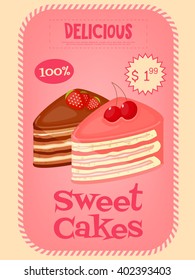 Sweet Cakes Poster Menu in Retro Style. Vector Illustration.