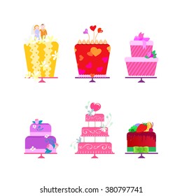 Sweet cakes set. Sweet catalog of cakes. Wedding, birthday, kids. All cakes collection for order. Design of Cakes. Bakery icons set. Flat style celebration cakes.