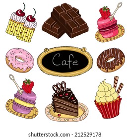 Sweet cakes set. Hand drawn vector illustration.