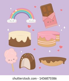 sweet cakes set with kawaii characters