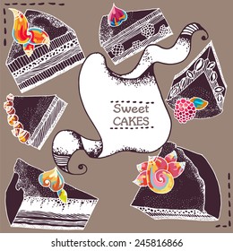 Sweet cakes. Set of vector illustrations.