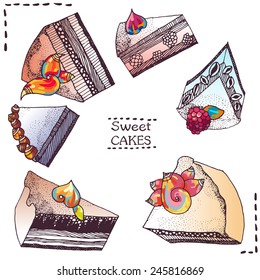 Sweet cakes. Set of vector illustrations.
