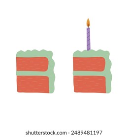 Sweet cakes slices pieces with candles isolated on white background. Set of cakes. Vector for postcards and stickers.