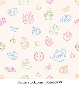 Sweet cakes and tea seamless vector pattern.