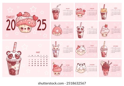 Sweet calendar 2025. Cute cartoon kawaii character donut, cupcake and milk shake, bubble tea. Vector horizontal monthly printable planner organizer. Cover and 12 month pages English. Week from Sunday