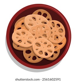 Sweet candied lotus root in a red bowl, top view isolated