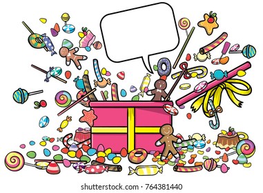 Sweet candies with assorted chocolates colorful lollipops giftbox vector illustration