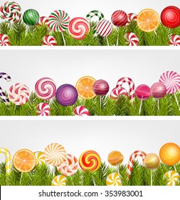 Sweet candies banner with pine tree, lollipop and orange slice.vector