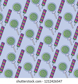 sweet candies in bars and lollipops pattern