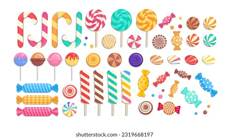 Sweet Candies Big Vector Collection. Set of Sweets, Candies, Lollipops, Gumballs, Sugar Caramel, and Twisted Marshmallows.