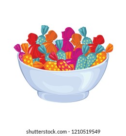 Sweet candies in bowl isolated on white background. Vector illustration of colorful sweets in a flat style.