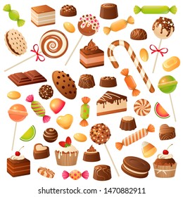 Sweet candies. Candy bonbon lollipop, marmalade and fruit candied. Chocolate and marshmallow, kids holiday desserts flat vector sweetly flavors isolated set