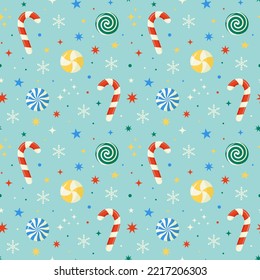 Sweet candies, christmas candy canes, snowflakes and stars seamless pattern. Happy New Year and Merry Xmas background.