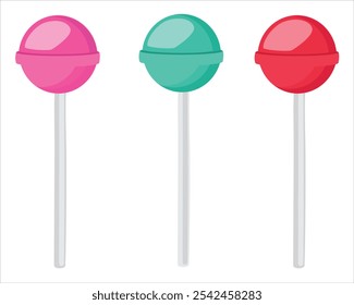 Dulces caramelos de colores redondos piruletas en palo aislado en el fondo blanco. Ilustración vectorial