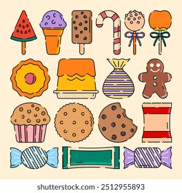 Doces doces, sobremesas, pirulitos, chocolate. Doce, cupcake, macarrão, sorvete, geleia, gengibre. Conjunto de ilustração de sobremesa de confeitaria doce.