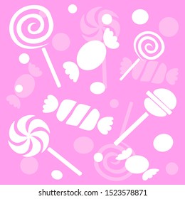 Sweet candies flat icons pattern set with white lollipops, marmalade drops and caramel on pink background, vector illustration