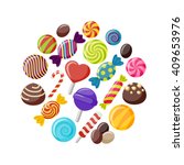 Sweet candies flat icons set in shape of circle with assorted chocolates colorful lollipops isolated vector illustration