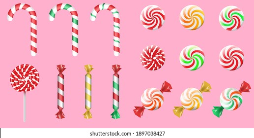 Sweet candies flat icons set. Candies, sweetmeats, lollipops and assorted chocolates colorful lollipops. Vector illustration EPS10