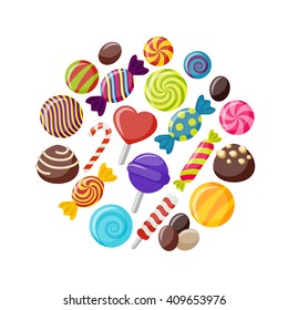 Сладкие конфеты плоские иконки, установленные в форме круга с различными шоколадными конфетами, красочные леденцы, изолированные векторные иллюстрации